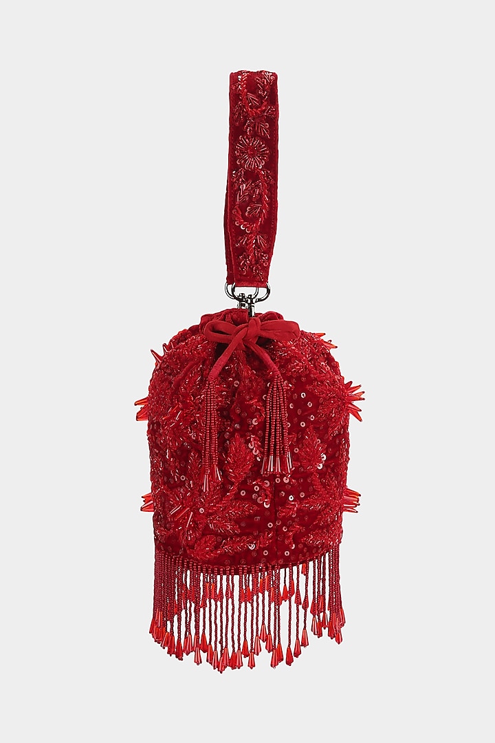 Red Sequins Embellished Bucket Bag by Aanchal Sayal
