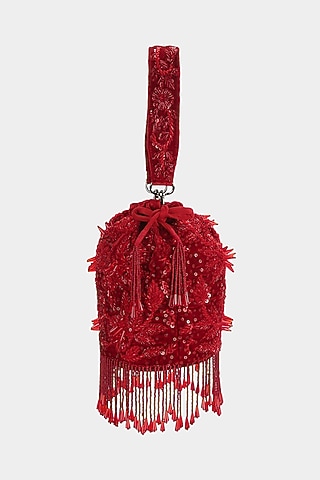 Red Sequins Embellished Bucket Bag by Aanchal Sayal