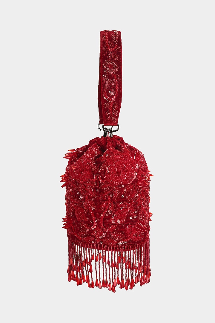 Red Sequins Embellished Bucket Bag by Aanchal Sayal at Pernia's Pop Up Shop