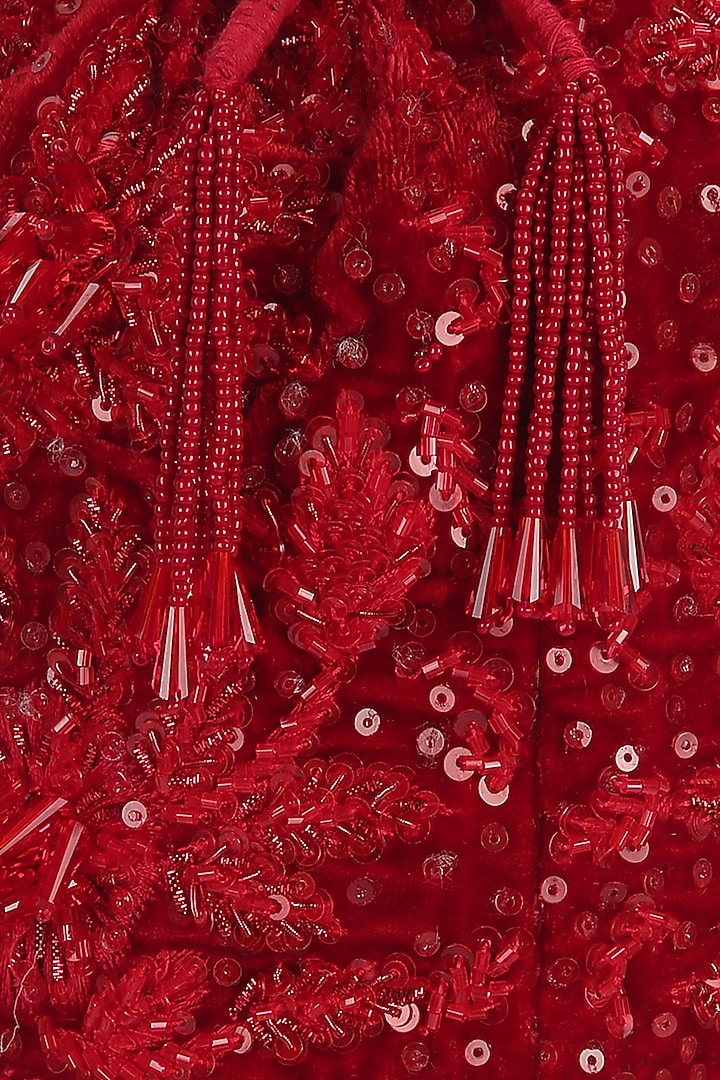 Red Sequins Embellished Bucket Bag by Aanchal Sayal at Pernia's Pop Up Shop