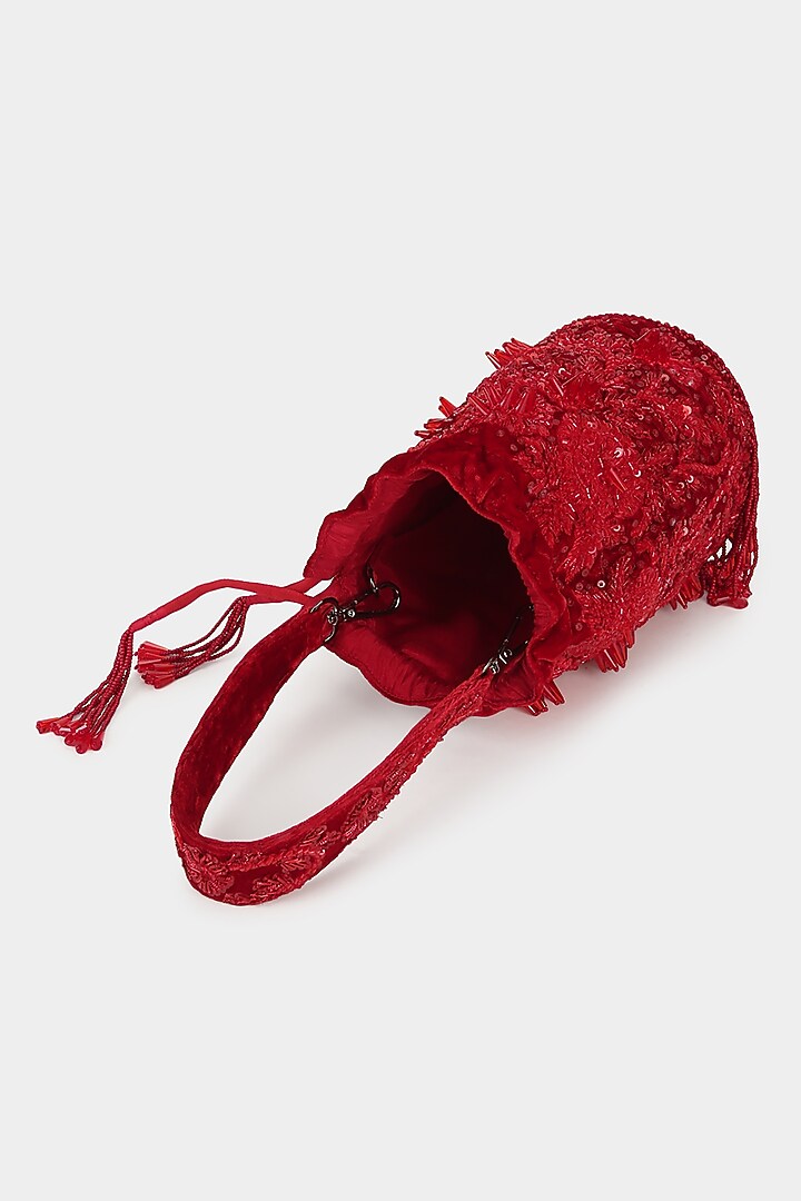 Red Sequins Embellished Bucket Bag by Aanchal Sayal at Pernia's Pop Up Shop