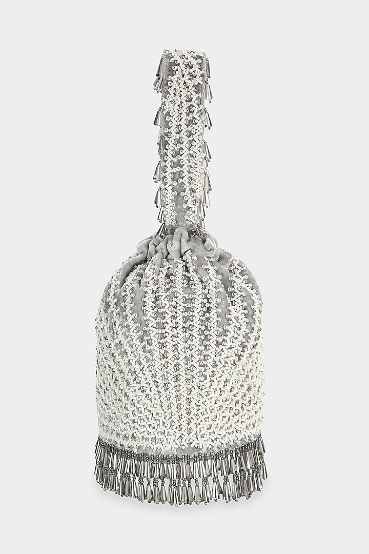 Grey Embroidered Bucket Bag by Aanchal Sayal at Pernia's Pop Up Shop