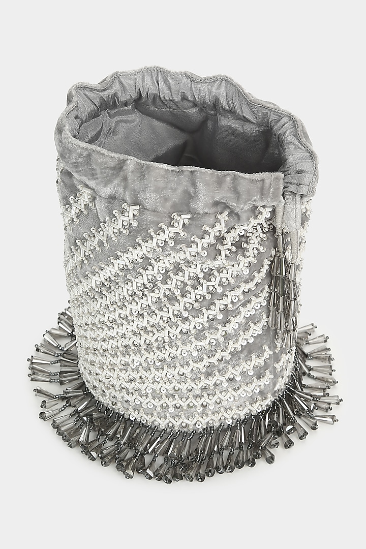 Grey Embroidered Bucket Bag by Aanchal Sayal at Pernia's Pop Up Shop