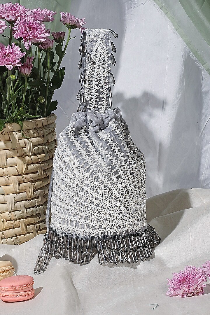 Grey Embroidered Bucket Bag by Aanchal Sayal at Pernia's Pop Up Shop