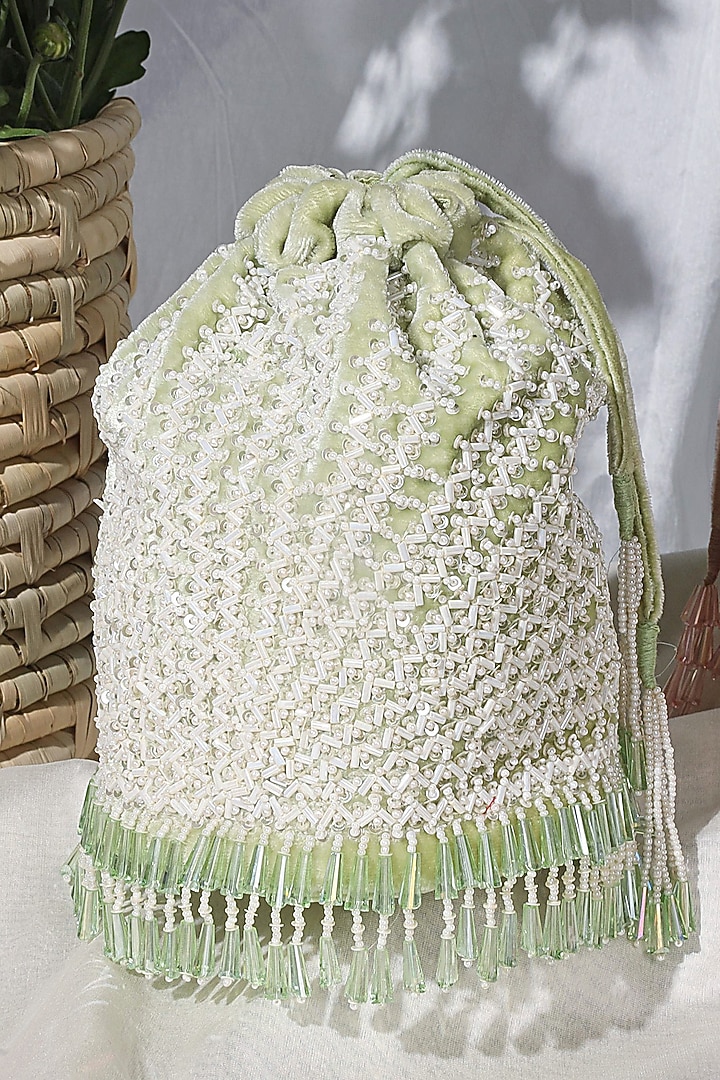 Mint Green Embroidered Bucket Bag by Aanchal Sayal at Pernia's Pop Up Shop