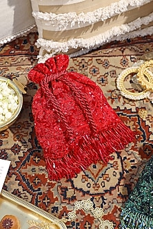 Red Floral Embellished Potli by Aanchal Sayal-WEDDING GIFTING