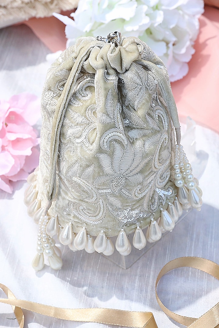 Mint Green Embroidered Bucket Bag by Aanchal Sayal at Pernia's Pop Up Shop