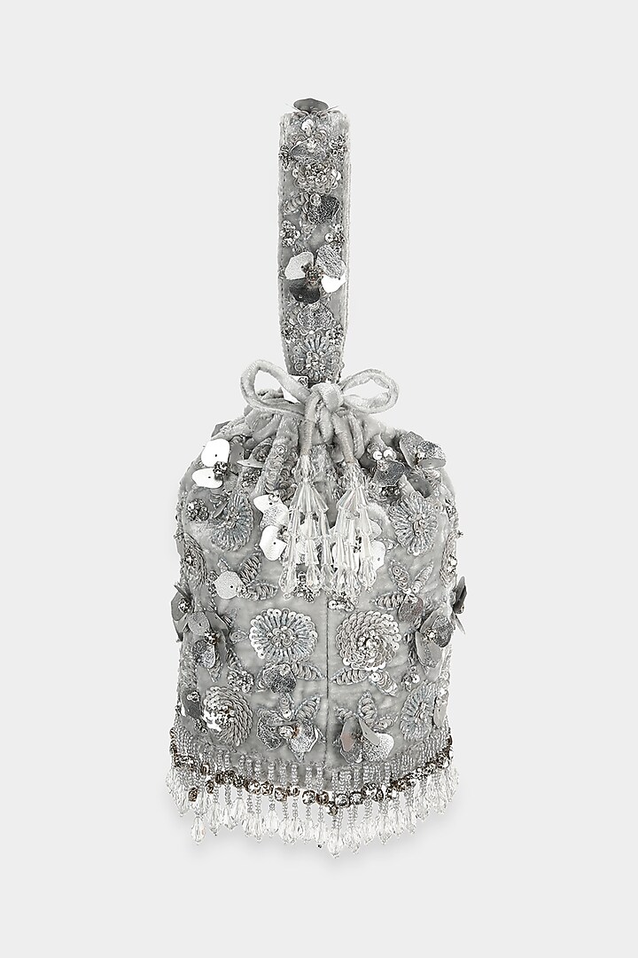 Silver Sequins Embellished Bucket Bag by Aanchal Sayal at Pernia's Pop Up Shop