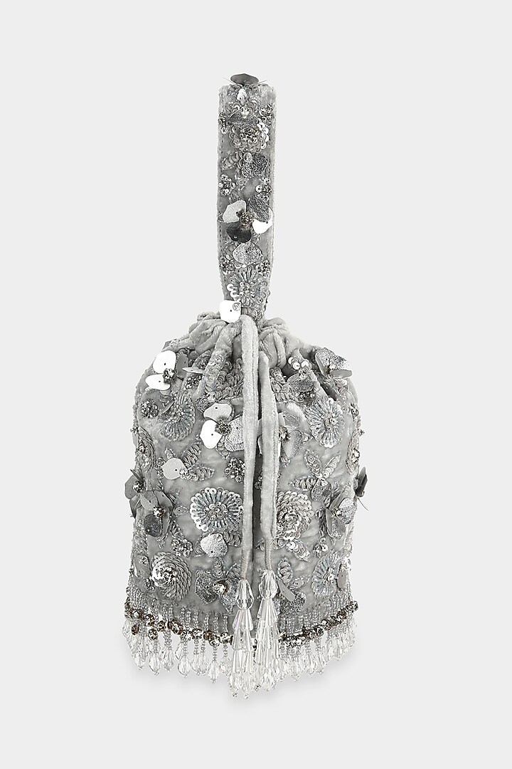 Silver Sequins Embellished Bucket Bag by Aanchal Sayal at Pernia's Pop Up Shop