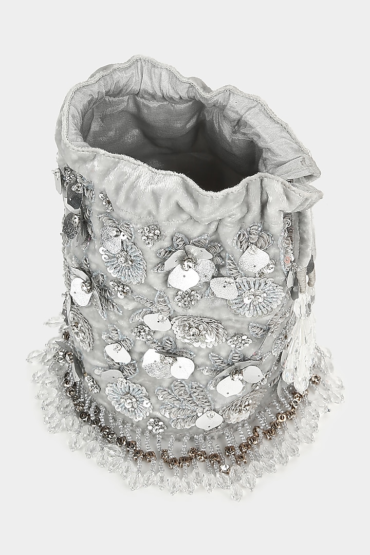 Silver Sequins Embellished Bucket Bag by Aanchal Sayal at Pernia's Pop Up Shop