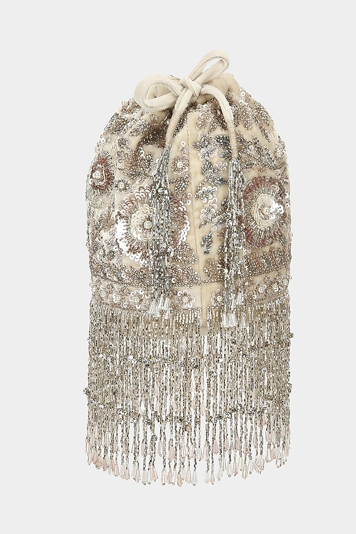 Ivory Silver Embellished Bucket Bag by Aanchal Sayal at Pernia's Pop Up Shop