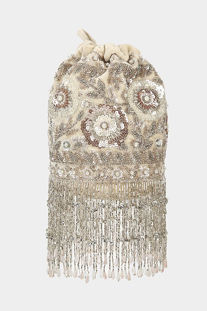 Ivory Silver Embellished Bucket Bag by Aanchal Sayal