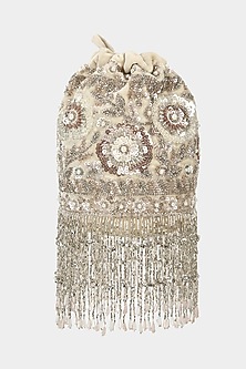 Ivory Silver Embellished Bucket Bag by Aanchal Sayal