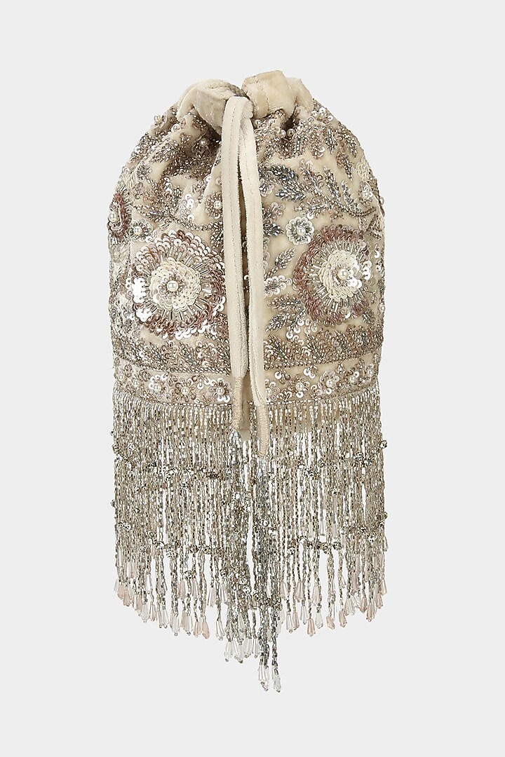 Ivory Silver Embellished Bucket Bag by Aanchal Sayal at Pernia's Pop Up Shop