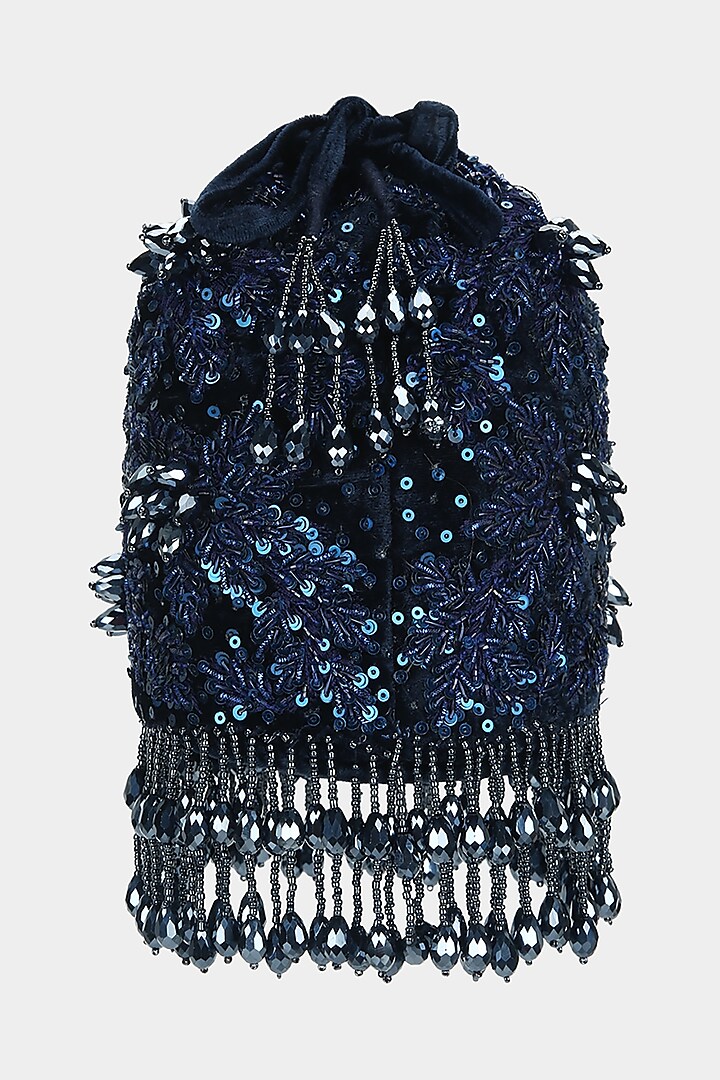 Midnight Blue Bucket Bag With Sequins Work by Aanchal Sayal