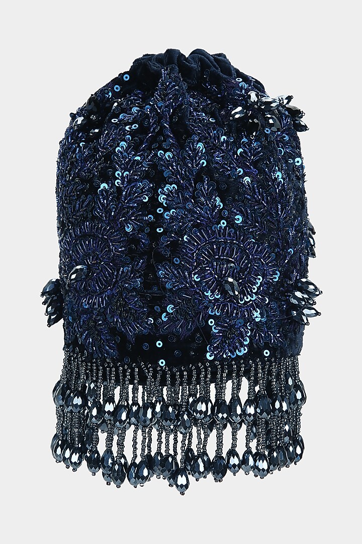 Midnight Blue Bucket Bag With Sequins Work by Aanchal Sayal at Pernia's Pop Up Shop