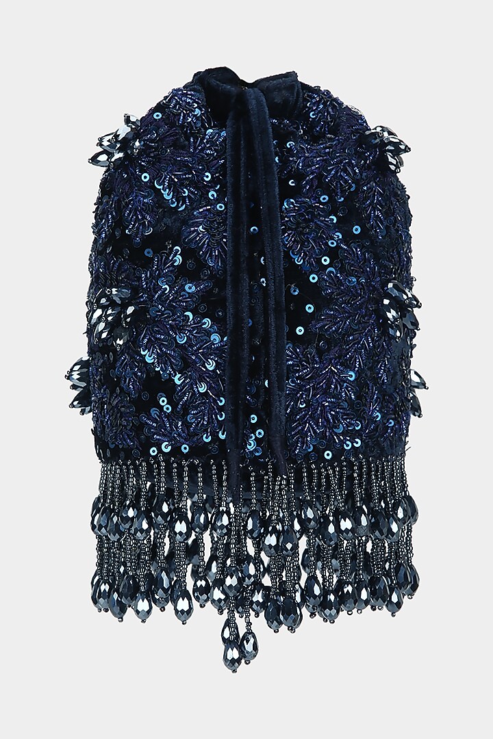 Midnight Blue Bucket Bag With Sequins Work by Aanchal Sayal at Pernia's Pop Up Shop