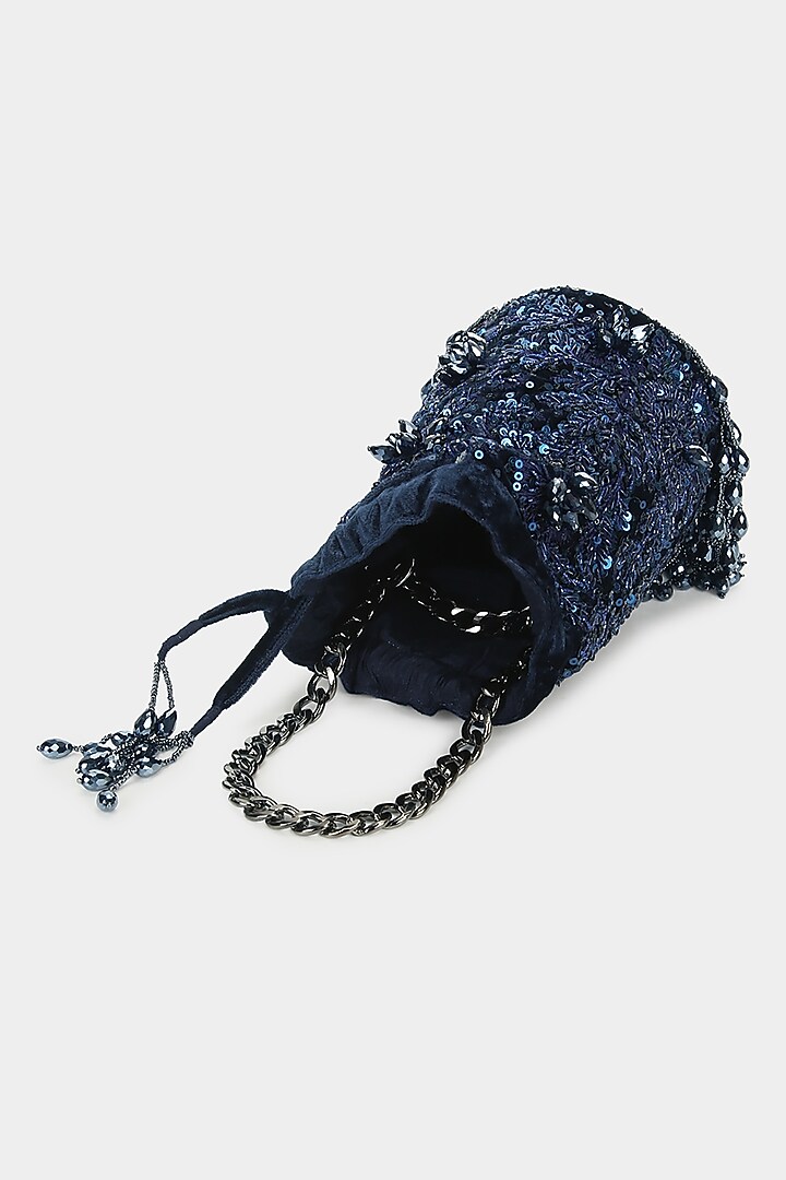 Midnight Blue Bucket Bag With Sequins Work by Aanchal Sayal at Pernia's Pop Up Shop