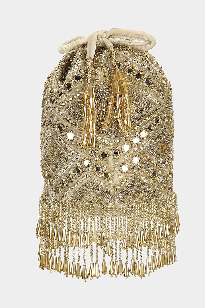 Gold Bucket Bag With Mirror Work by Aanchal Sayal