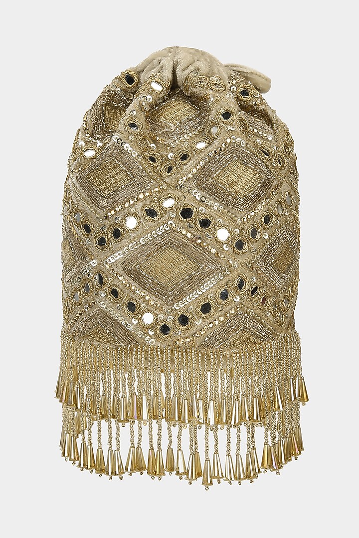 Gold Bucket Bag With Mirror Work by Aanchal Sayal at Pernia's Pop Up Shop