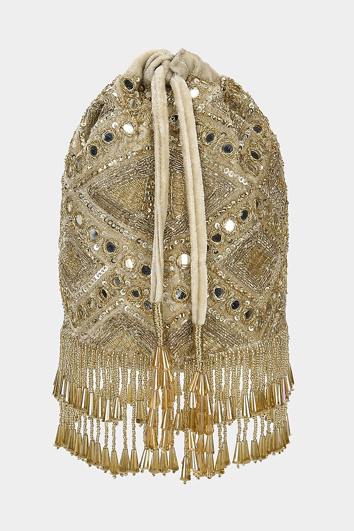 Gold Bucket Bag With Mirror Work by Aanchal Sayal at Pernia's Pop Up Shop