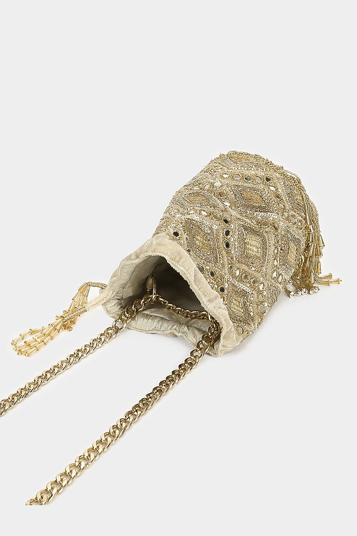 Gold Bucket Bag With Mirror Work by Aanchal Sayal at Pernia's Pop Up Shop