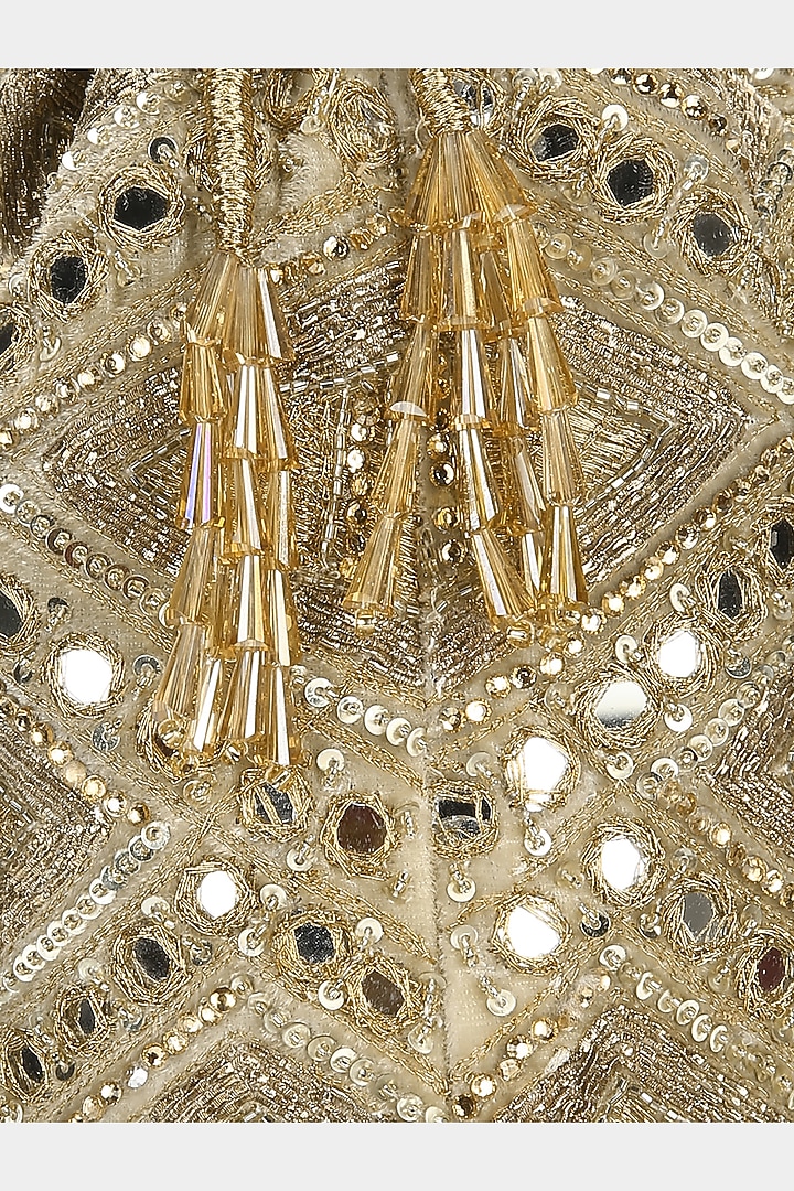 Gold Bucket Bag With Mirror Work by Aanchal Sayal at Pernia's Pop Up Shop