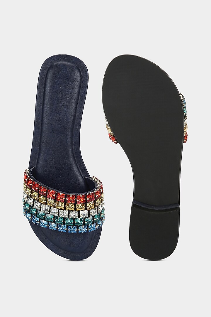 Midnight Blue Embellished Slides by Aanchal Sayal at Pernia's Pop Up Shop