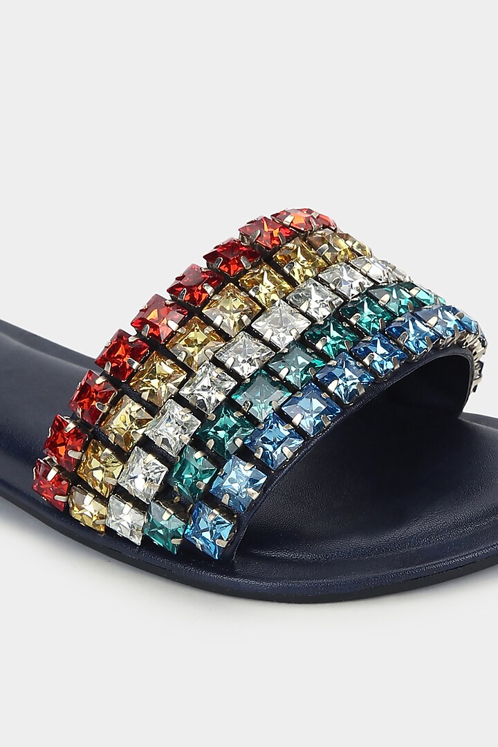 Midnight Blue Embellished Slides by Aanchal Sayal at Pernia's Pop Up Shop