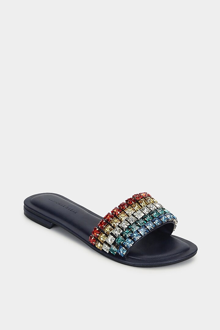 Midnight Blue Embellished Slides by Aanchal Sayal at Pernia's Pop Up Shop
