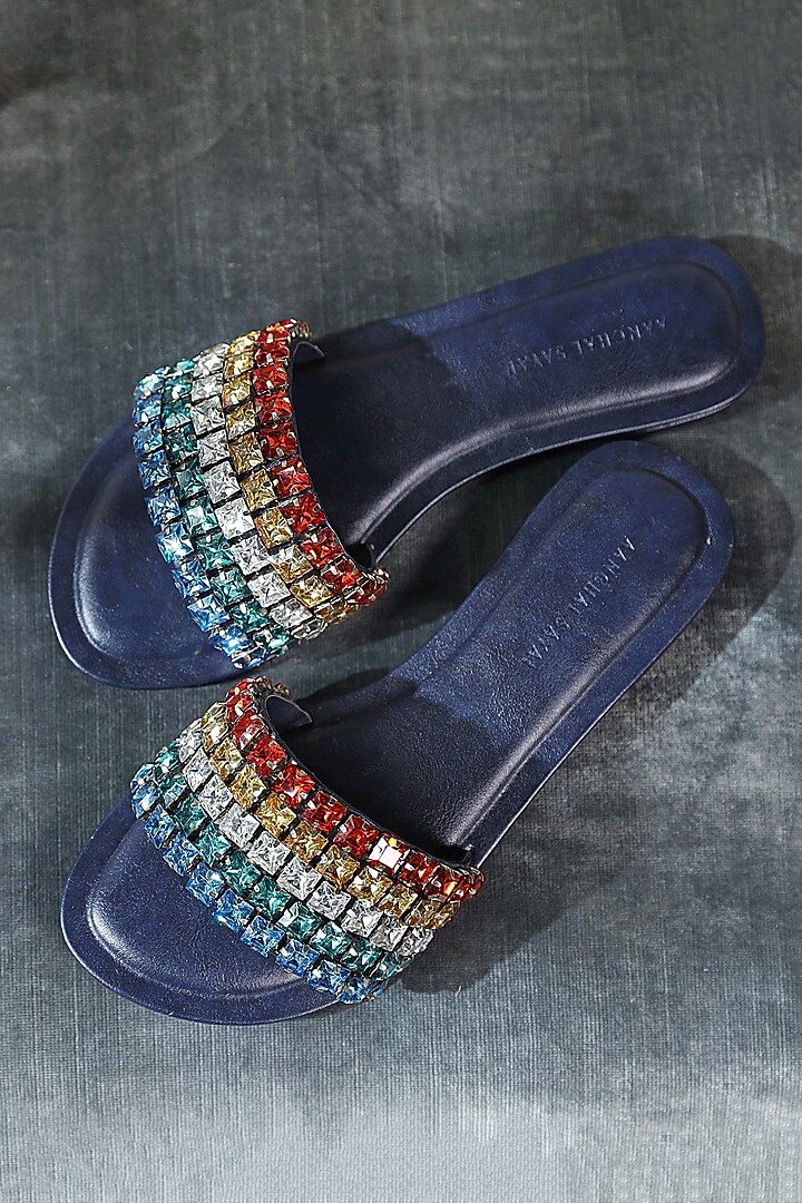 Midnight Blue Embellished Slides by Aanchal Sayal at Pernia's Pop Up Shop