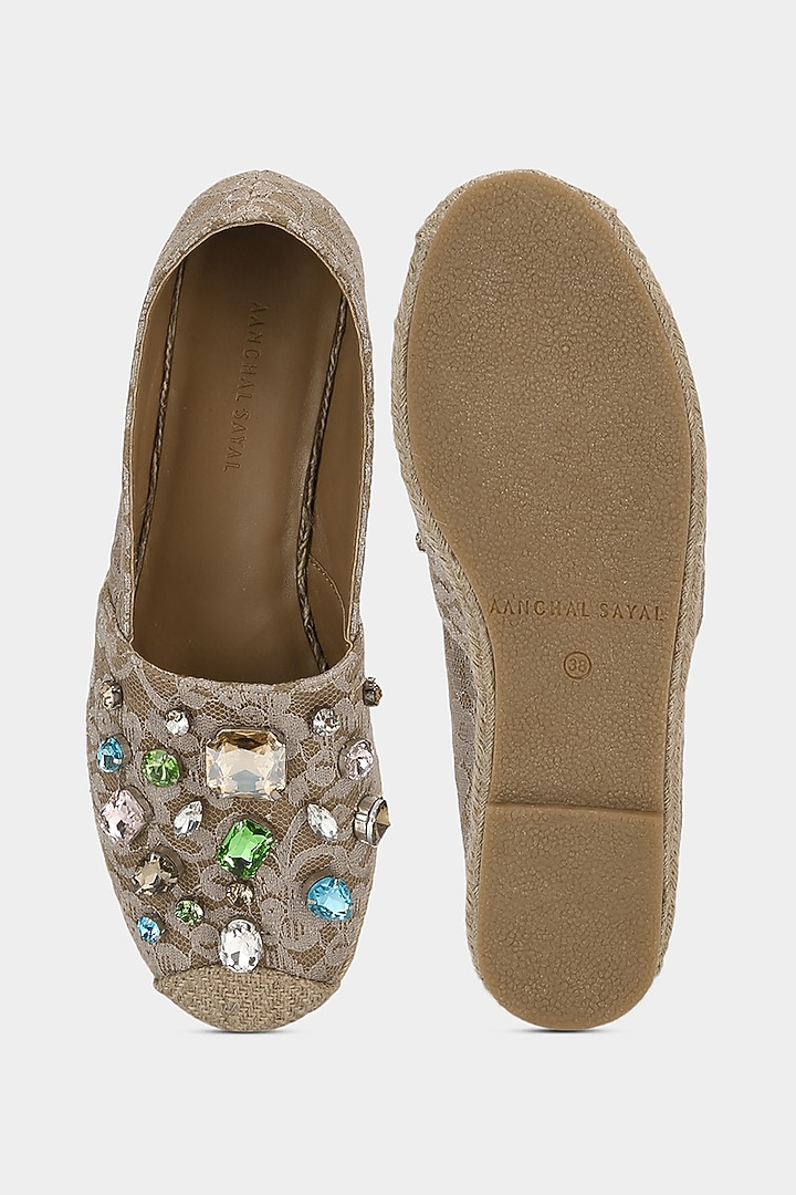 Beige Embellished Mules by Aanchal Sayal at Pernia's Pop Up Shop