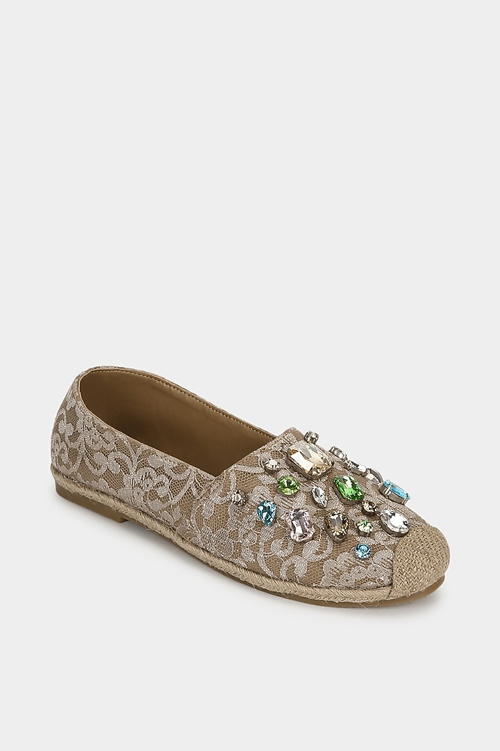 Beige Embellished Mules by Aanchal Sayal at Pernia's Pop Up Shop