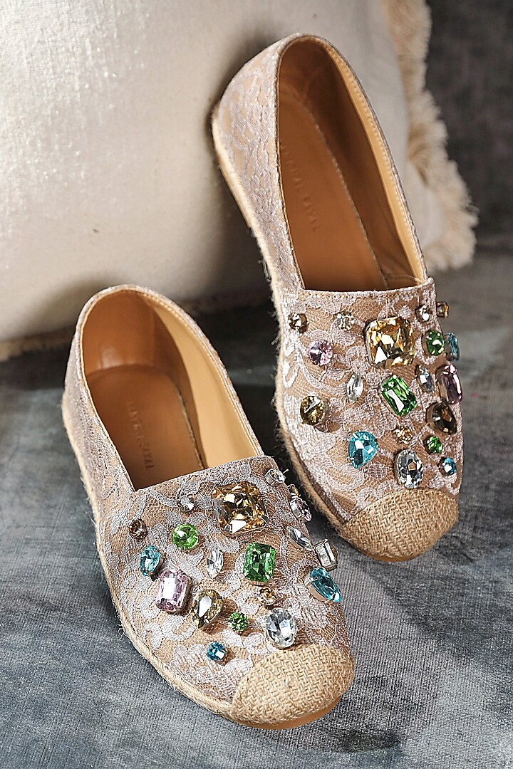 Beige Embellished Mules by Aanchal Sayal at Pernia's Pop Up Shop