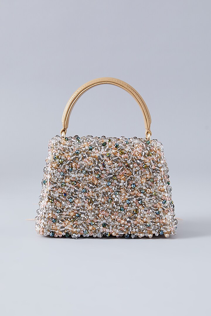 Beige Faux Leather Crystal Embroidered Handbag by Aanchal Sayal at Pernia's Pop Up Shop