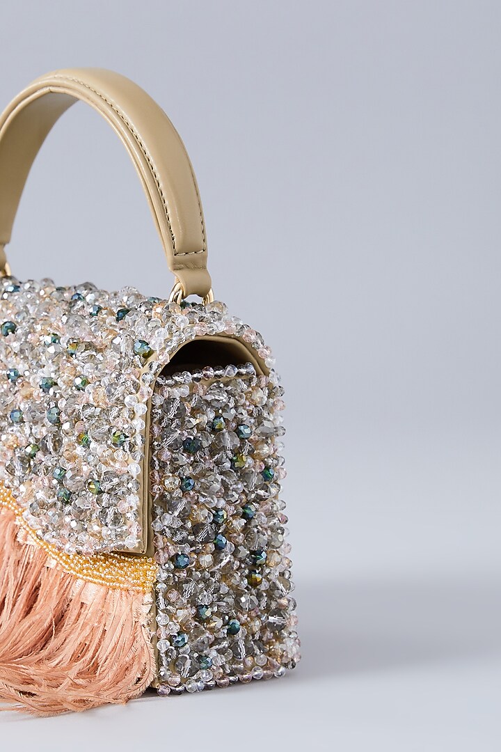 Beige Faux Leather Crystal Embroidered Handbag by Aanchal Sayal at Pernia's Pop Up Shop