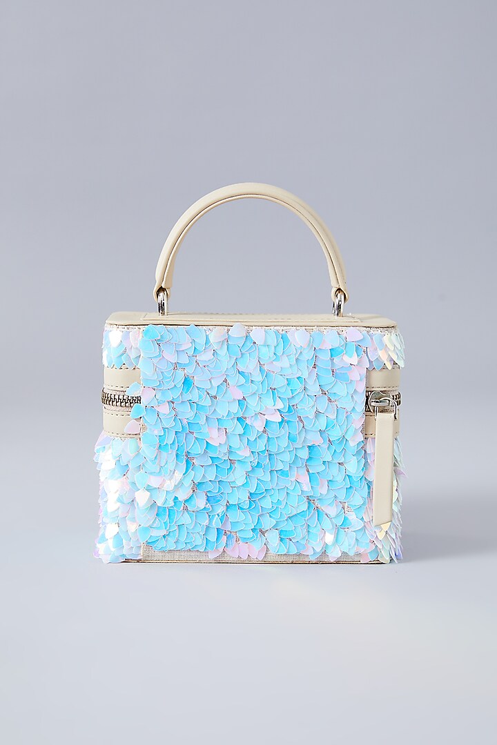 Beige Faux Leather Holographic Embroidered Handbag by Aanchal Sayal at Pernia's Pop Up Shop