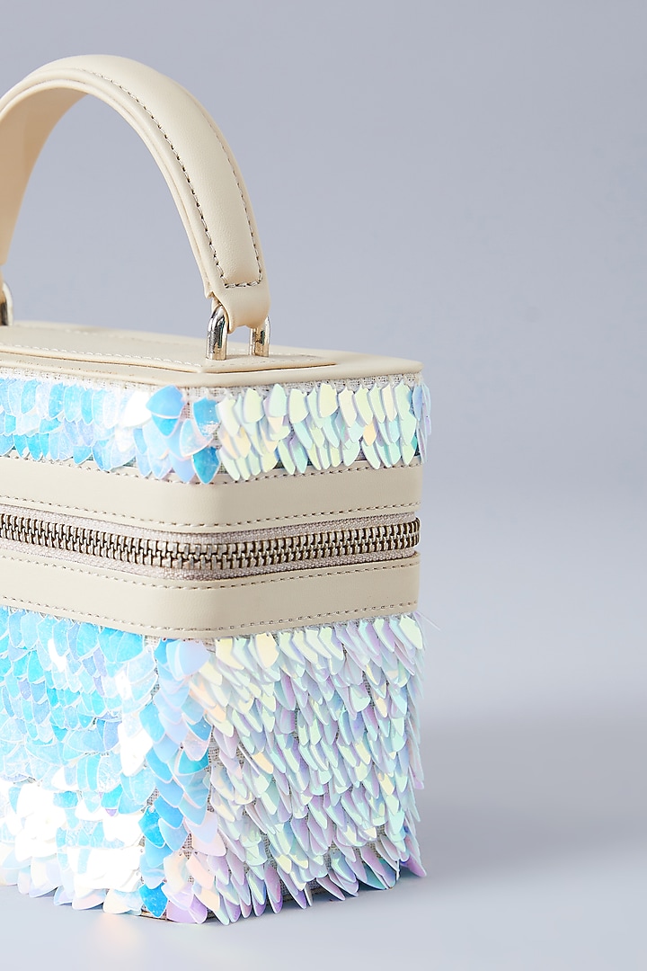 Beige Faux Leather Holographic Embroidered Handbag by Aanchal Sayal at Pernia's Pop Up Shop
