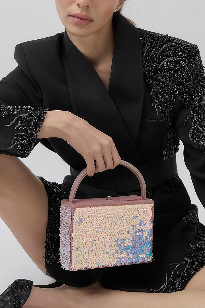 Blush Pink Faux Leather Holographic Work Clutch by Aanchal Sayal at Pernia's Pop Up Shop