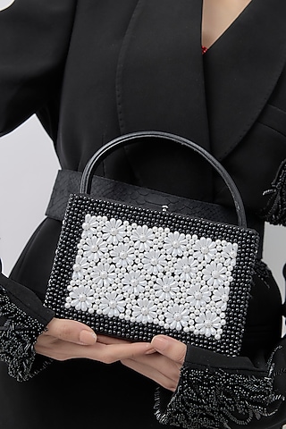 Black Faux Leather Floral Beadwork Handcrafted Clutch by Aanchal Sayal