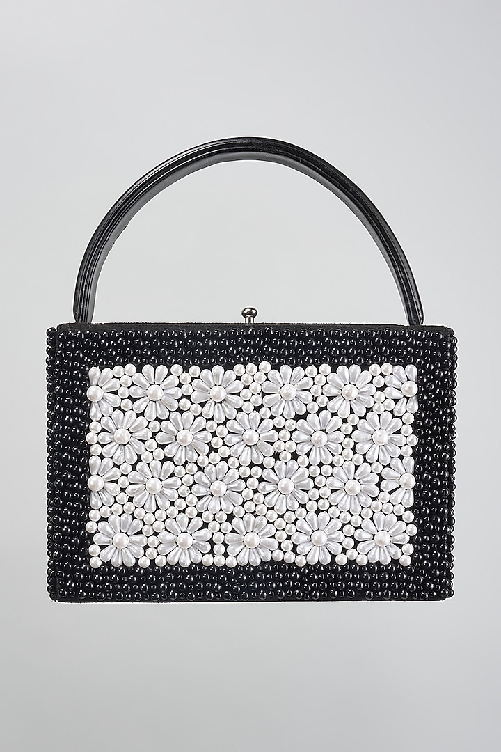 Black Faux Leather Floral Beadwork Handcrafted Clutch by Aanchal Sayal at Pernia's Pop Up Shop