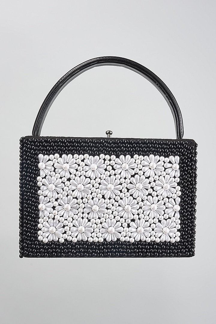 Black Faux Leather Floral Beadwork Handcrafted Clutch by Aanchal Sayal at Pernia's Pop Up Shop