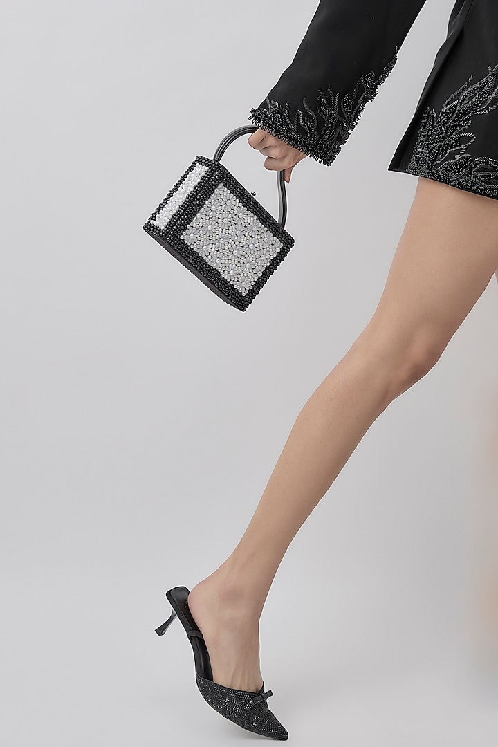 Black Faux Leather Floral Beadwork Handcrafted Clutch by Aanchal Sayal at Pernia's Pop Up Shop