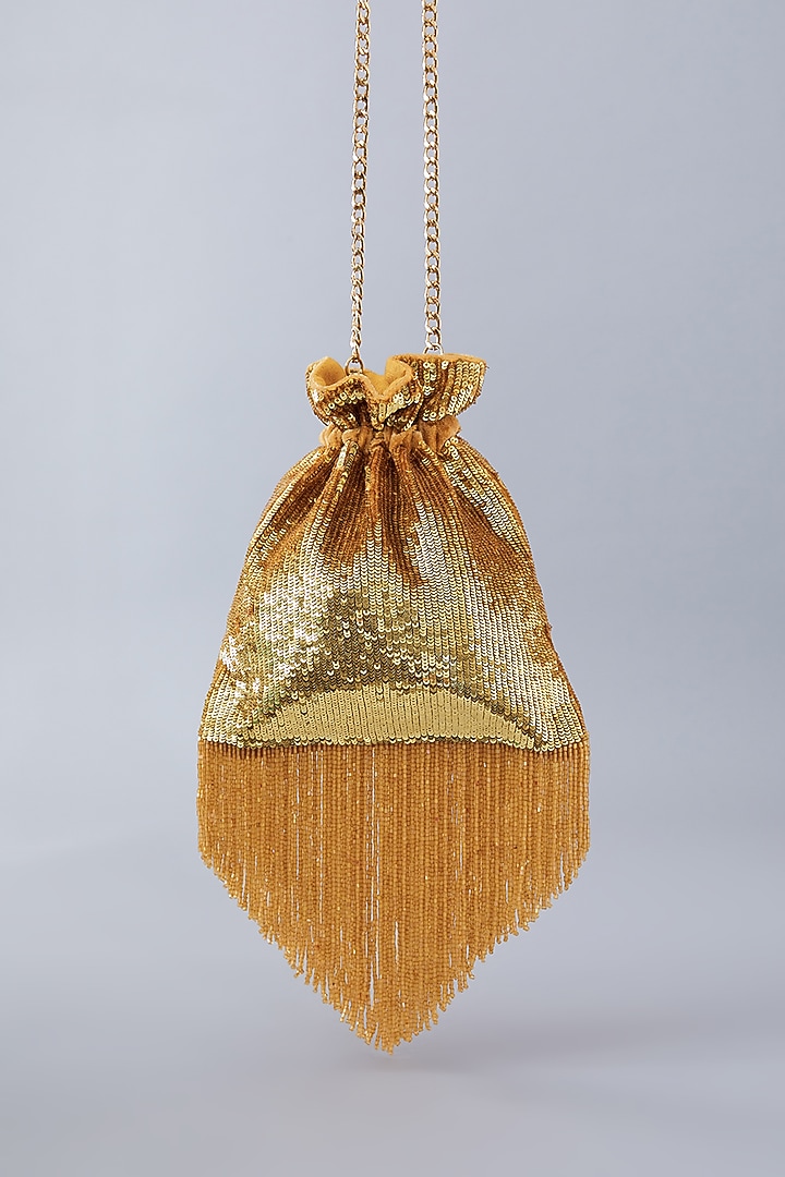 Gold Velvet Sequins Embroidered Potli by Aanchal Sayal at Pernia's Pop Up Shop
