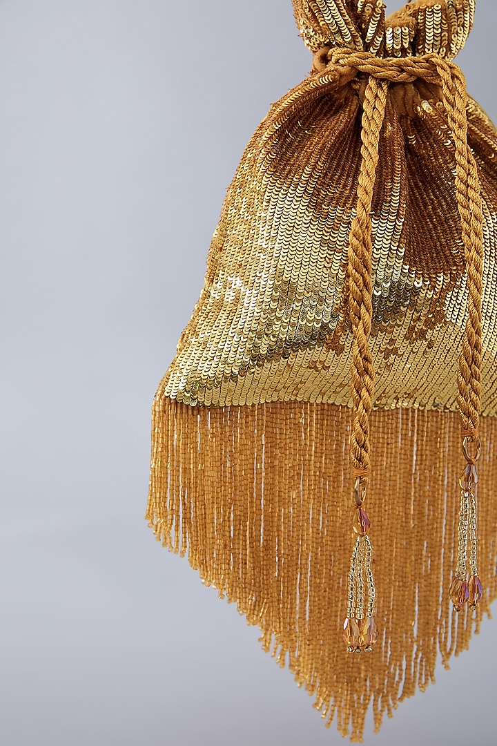 Gold Velvet Sequins Embroidered Potli by Aanchal Sayal at Pernia's Pop Up Shop