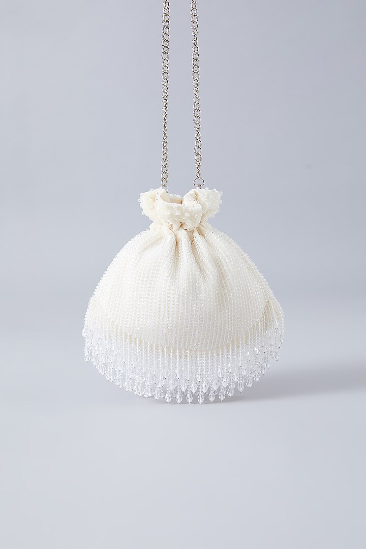 Ivory Velvet Crystal Embroidered Potli by Aanchal Sayal at Pernia's Pop Up Shop