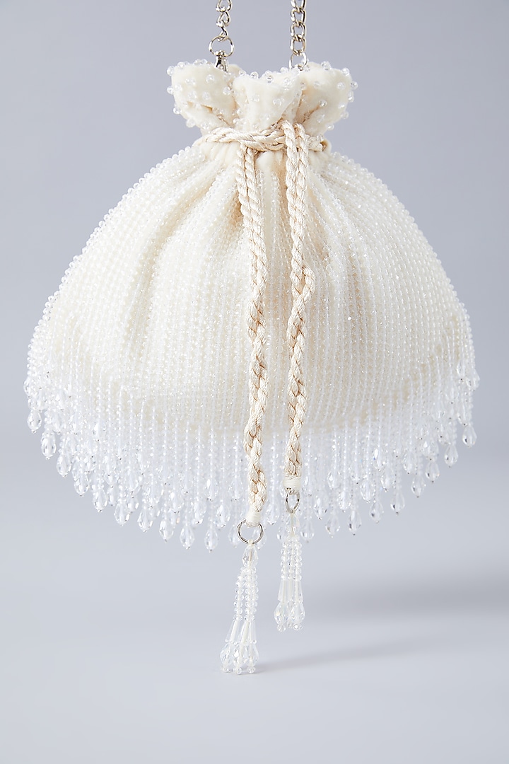 Ivory Velvet Crystal Embroidered Potli by Aanchal Sayal at Pernia's Pop Up Shop