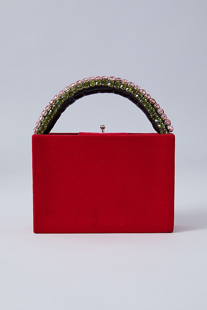 Red Suede Embroidered Handbag by Aanchal Sayal at Pernia's Pop Up Shop