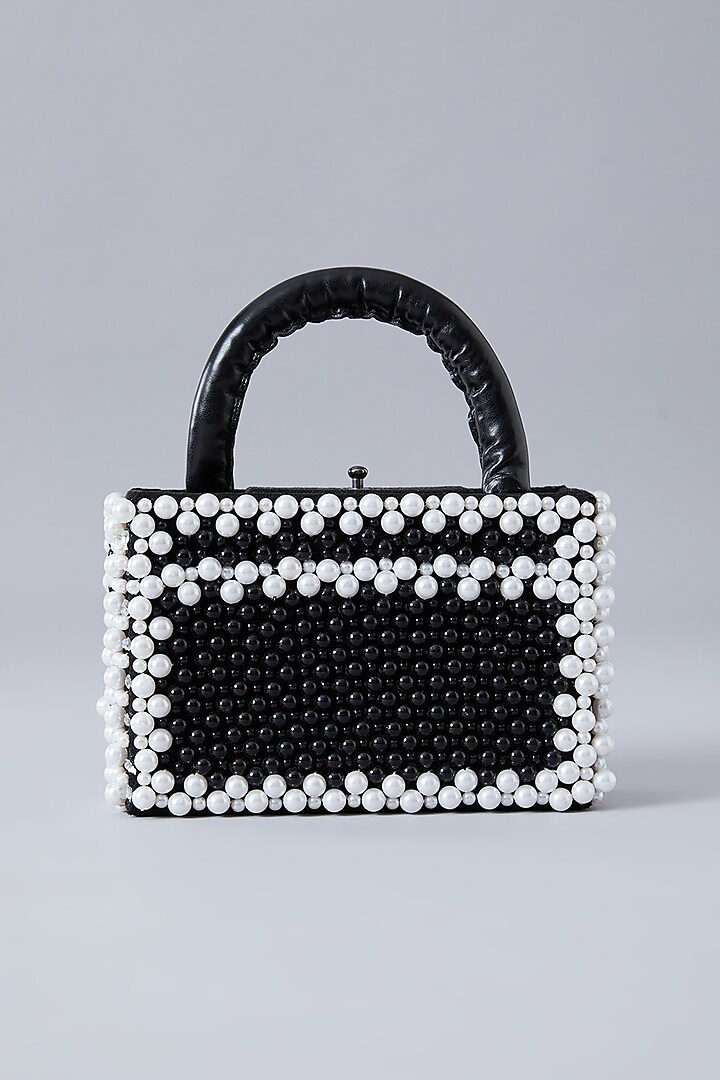 Black Suede Pearl Structured Handbag by Aanchal Sayal