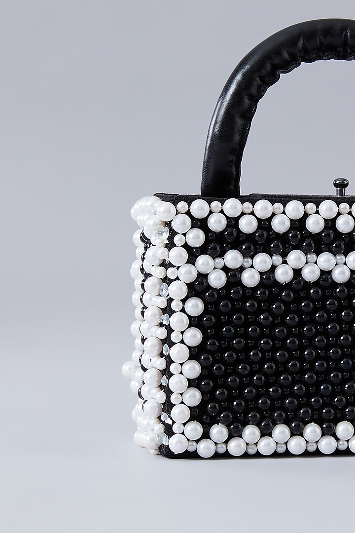 Black Suede Pearl Structured Handbag by Aanchal Sayal at Pernia's Pop Up Shop
